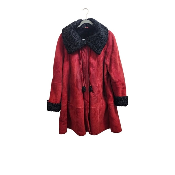 Vintage Red Suede Coat with Black Fur Trim Women’s Winter Jacket Size 40 - Picture 6 of 16